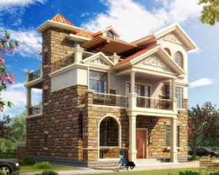 AT243三层带西班牙风格堂屋及隔热层别墅建筑全套设计图纸12mx12.3m