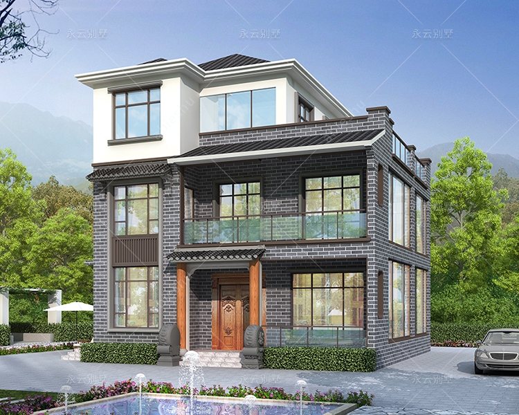 新中式风格/全景大玻璃观景窗/135平米三层别墅案例