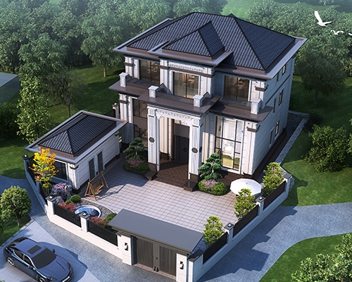 永云AT2995占地158平三开间双挑空复式楼新中式别墅全套设计图纸